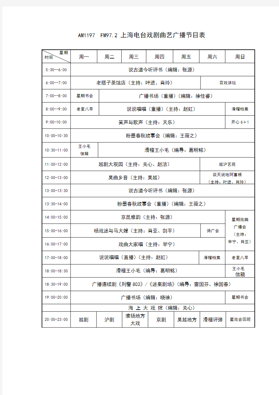 上海戏曲广播节目时间表