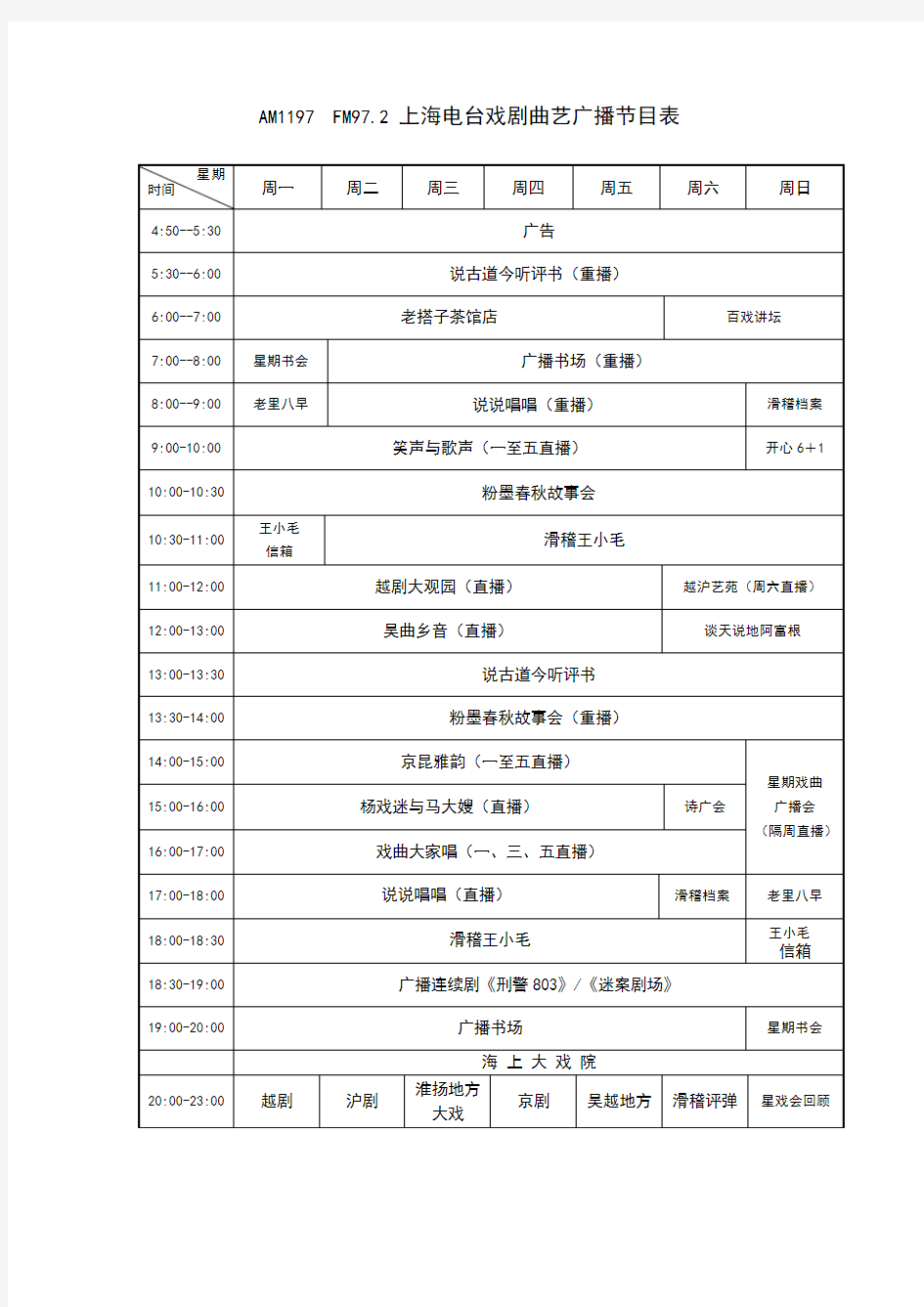 上海戏曲广播节目时间表