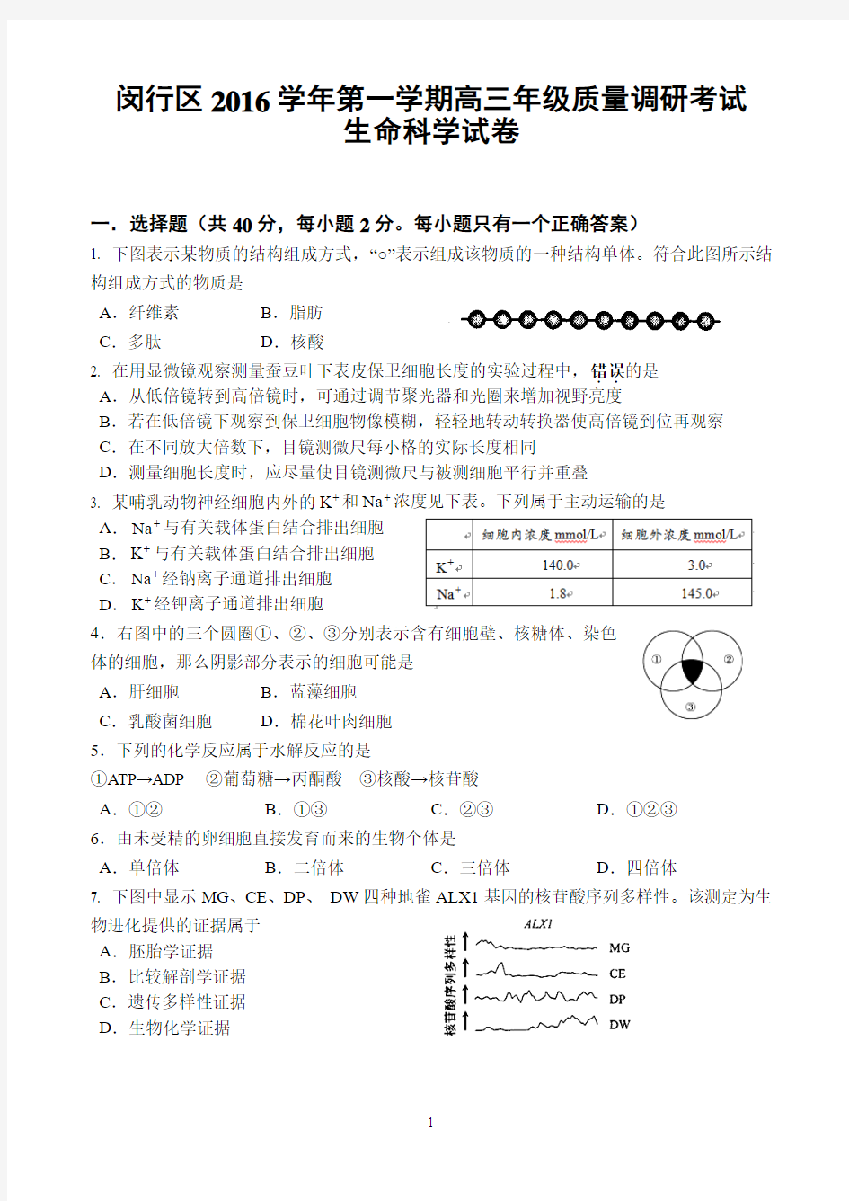 闵行区2017年高三生物一模试卷