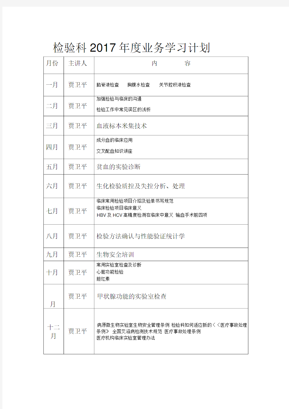 2017检验科业务学习计划