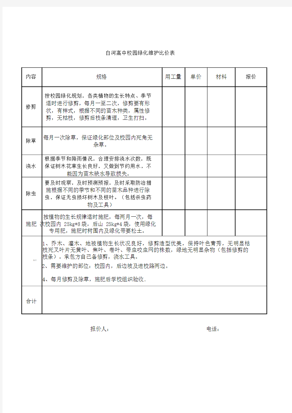 绿化维护报价表.doc