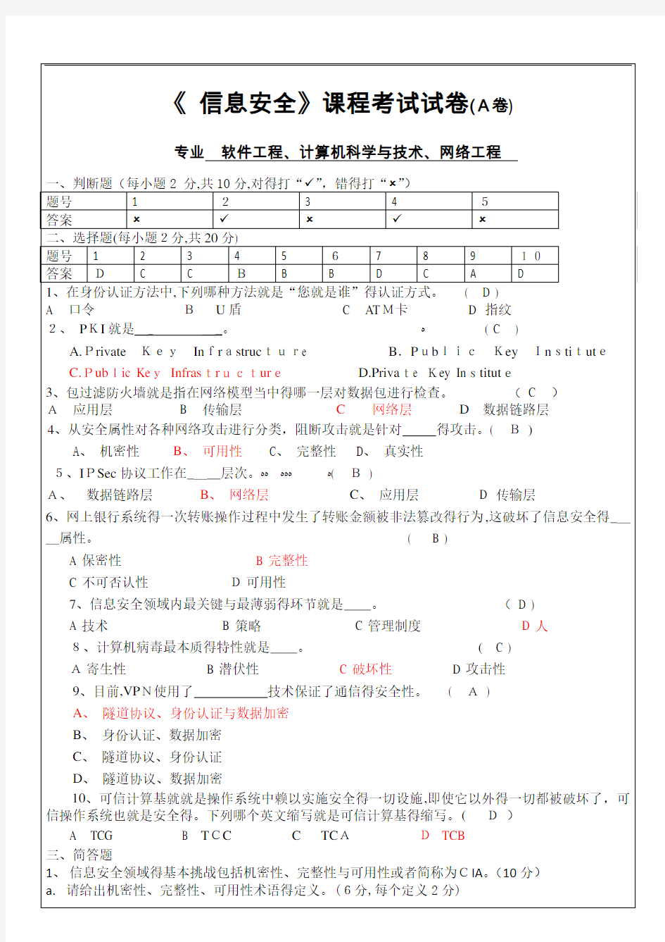 信息安全试卷及答案