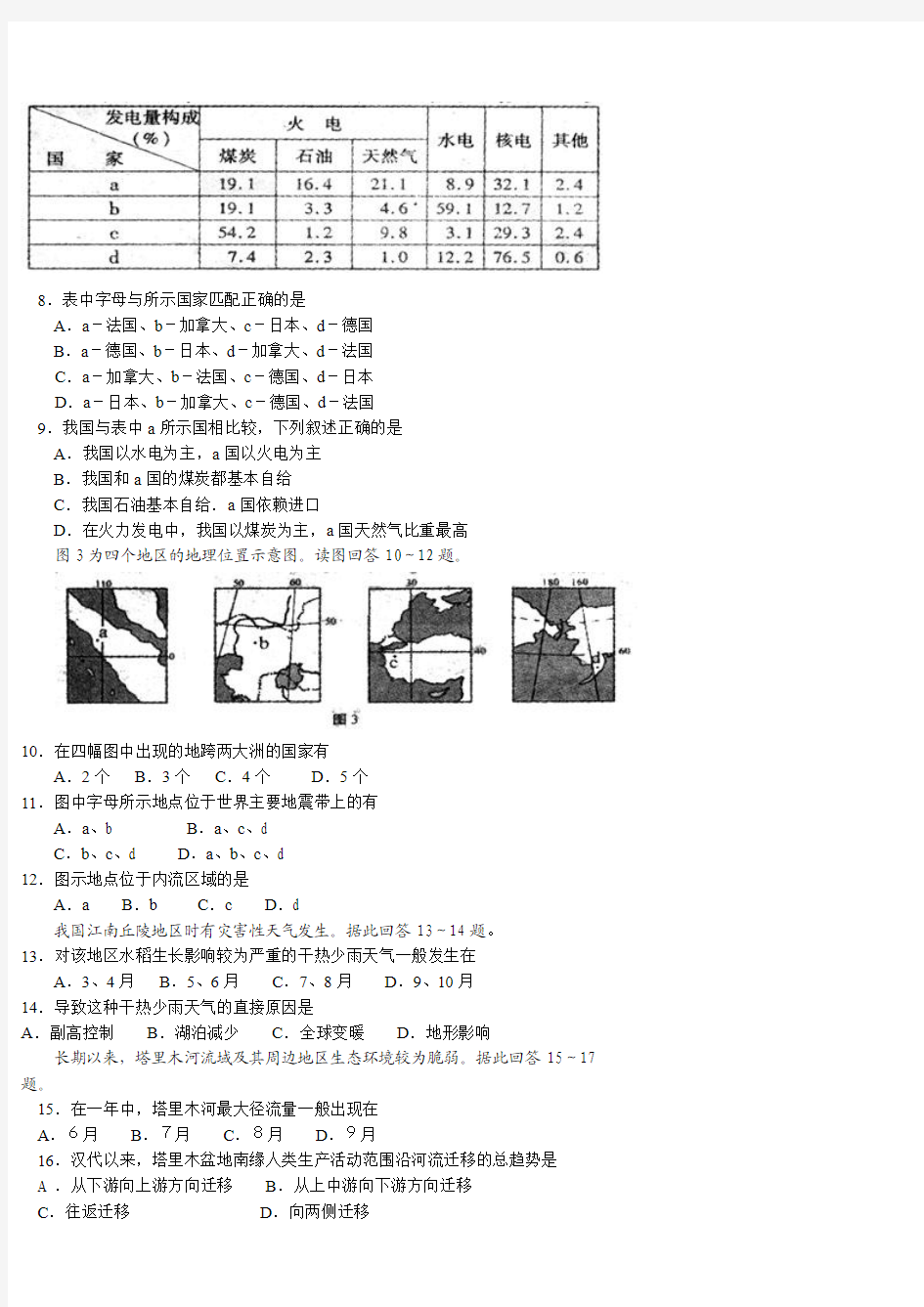 2005年江苏省高考地理试题