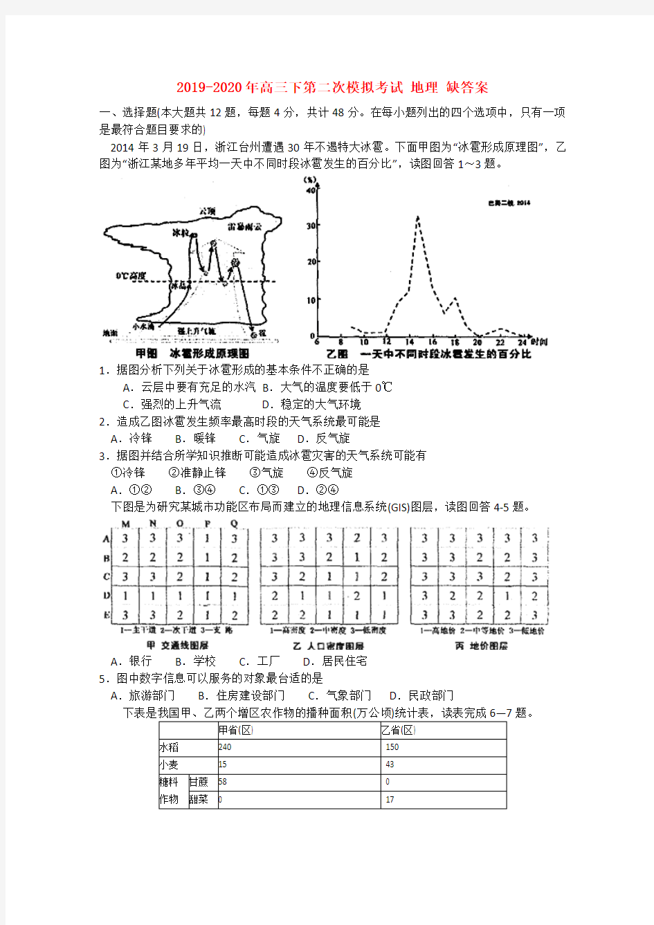 2019-2020年高三下第二次模拟考试 地理 缺答案