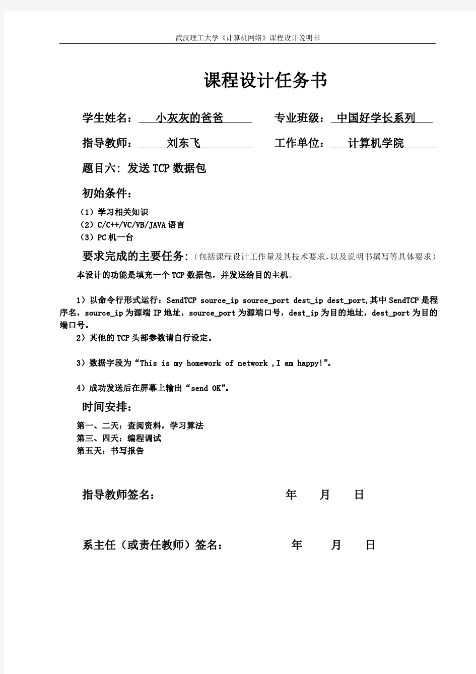 武汉理工大学 计算机网络课程设计 发送TCP数据包报告 中国好学长系列之小灰灰的爸爸