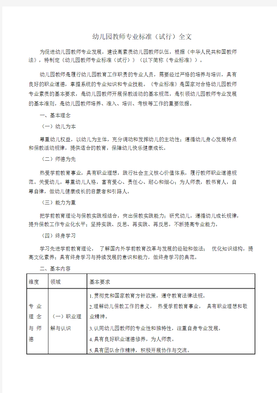 幼儿园教师专业标准(全文)