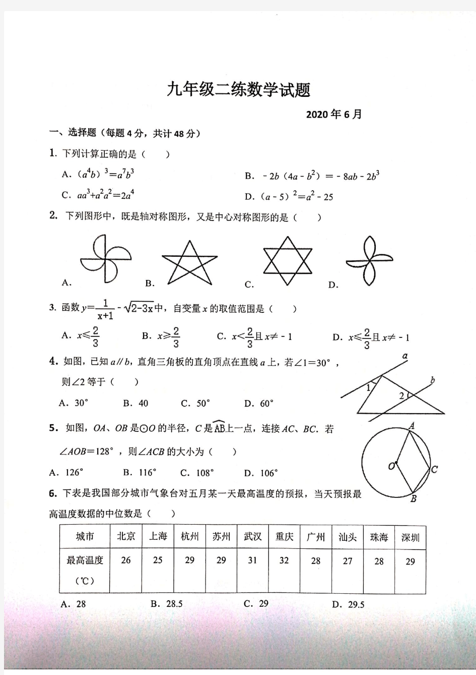 山东省德州市庆云县2020届九年级中考第二次练兵数学试题(扫描版)