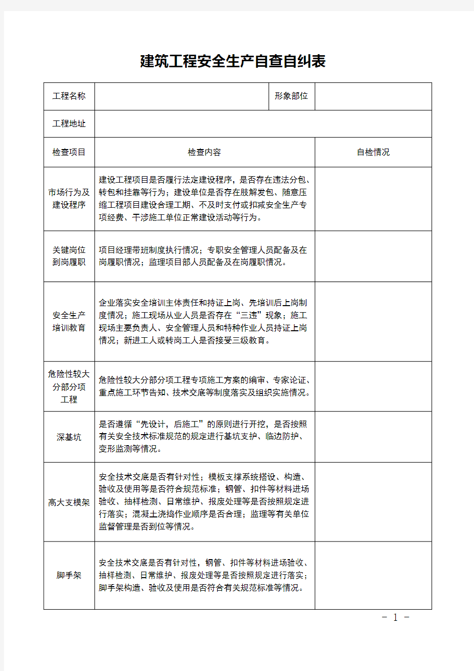 建筑工程安全生产自查自纠表