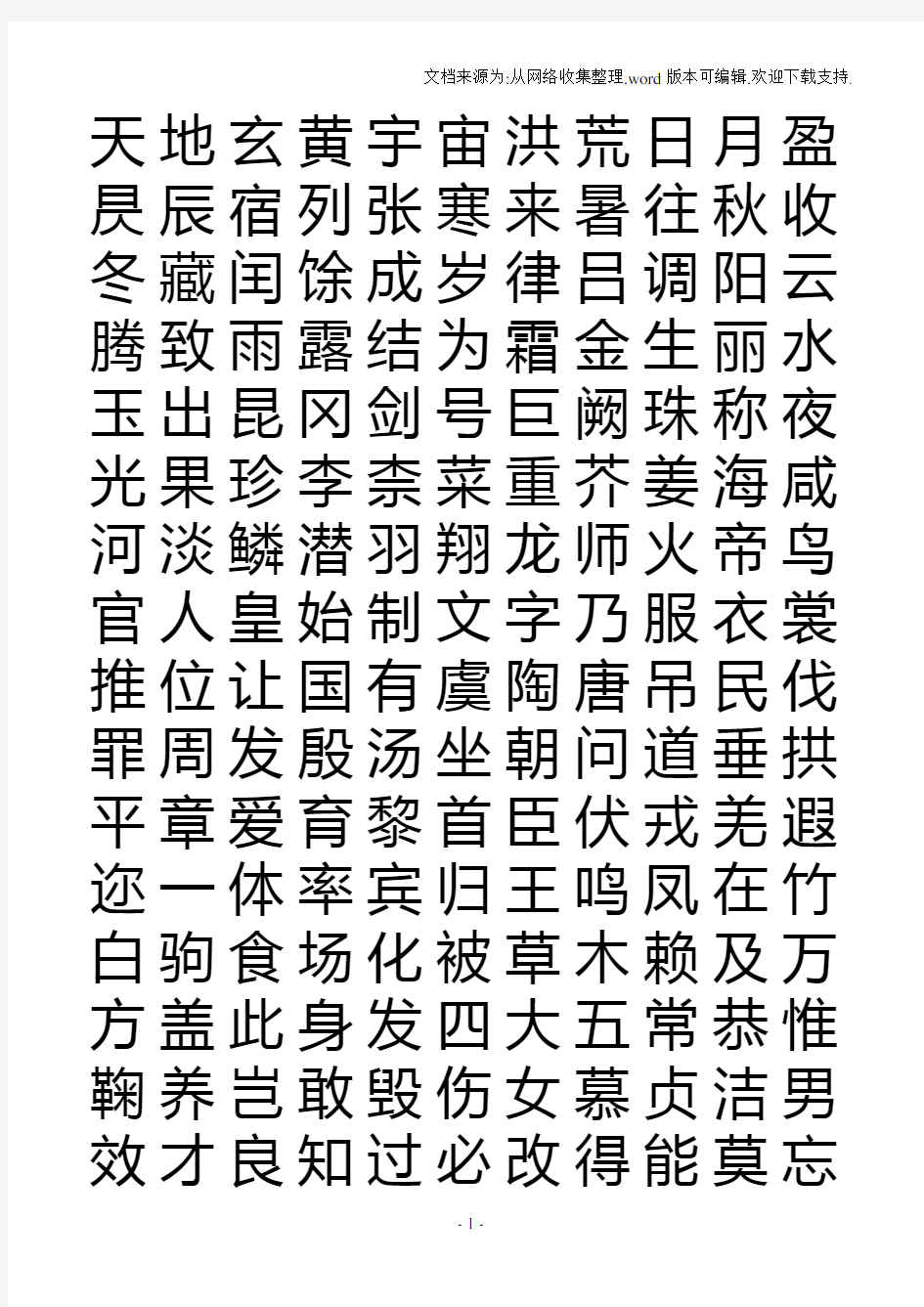 《千字文》(繁体)word版打印练字用字帖