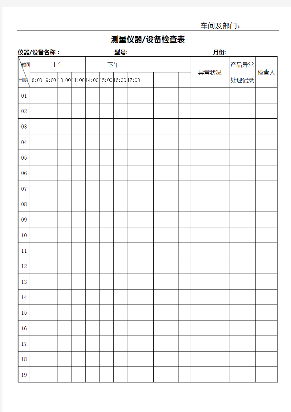 测量仪器设备检查表