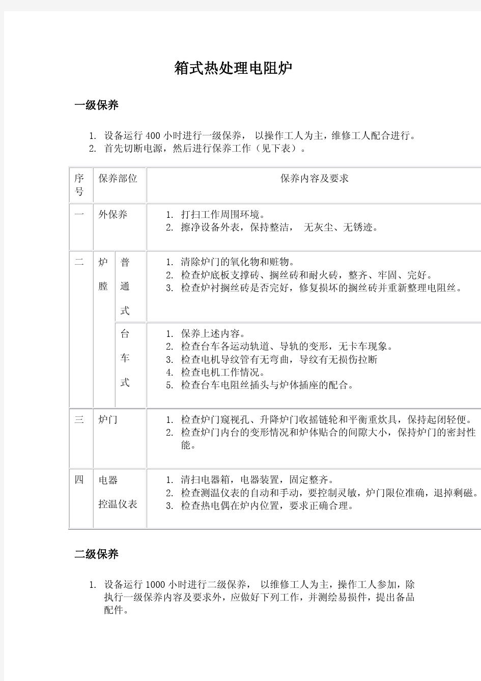 箱式热处理电阻炉维护保养规程