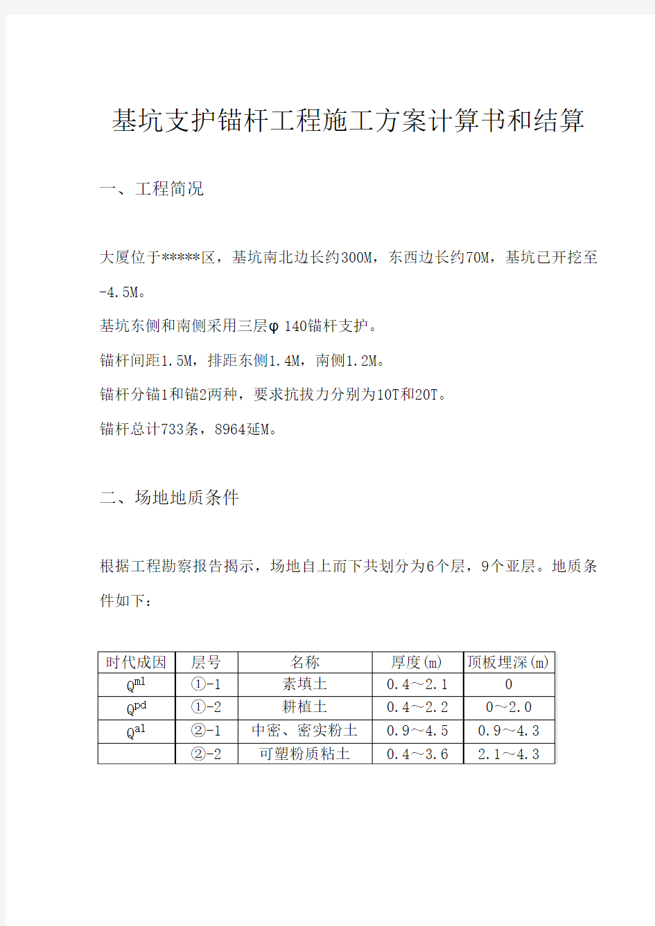 基坑支护锚杆工程方案计算和结算