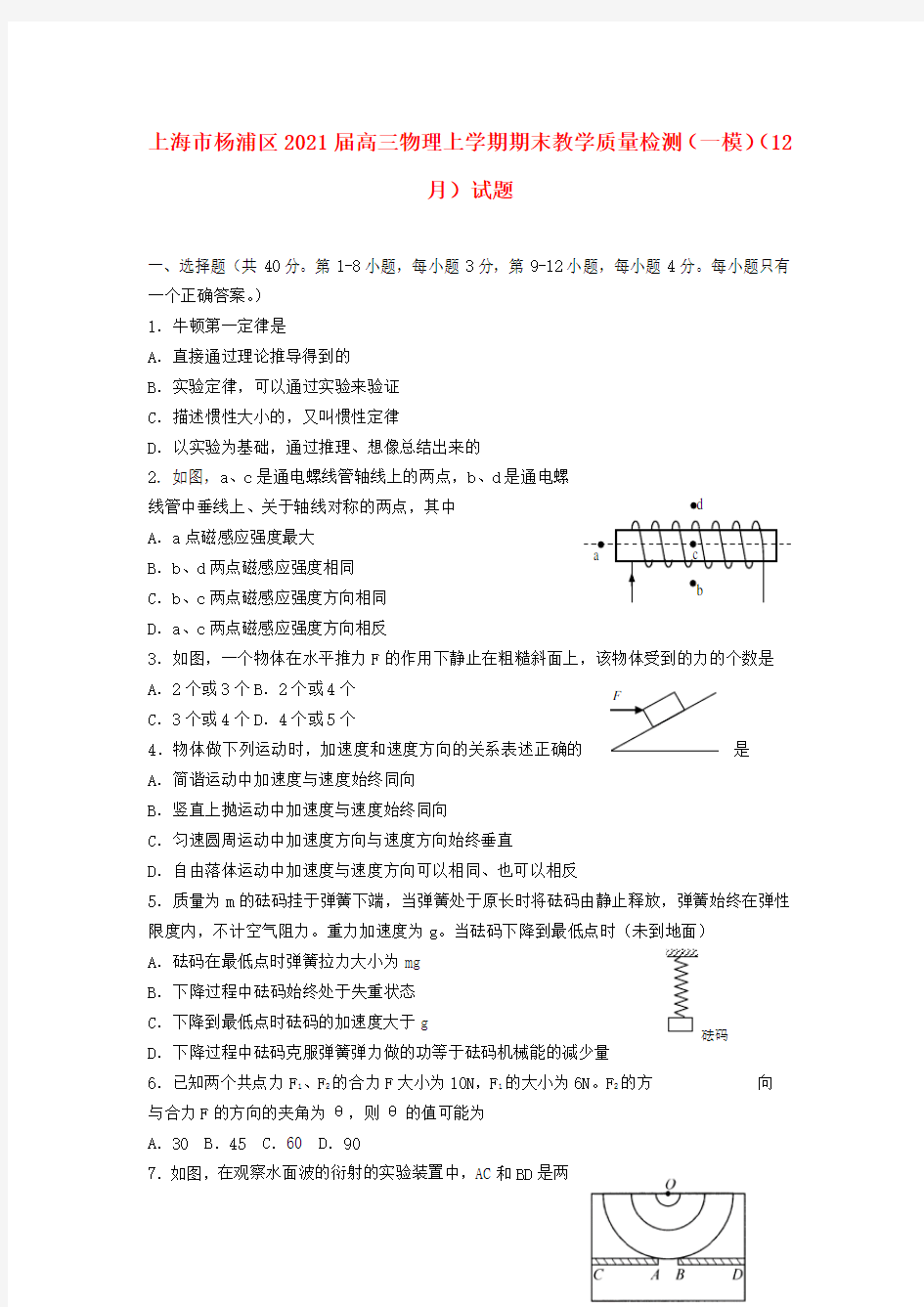 上海市杨浦区2021届高三上学期期末教学质量检测(一模)物理试题及答案