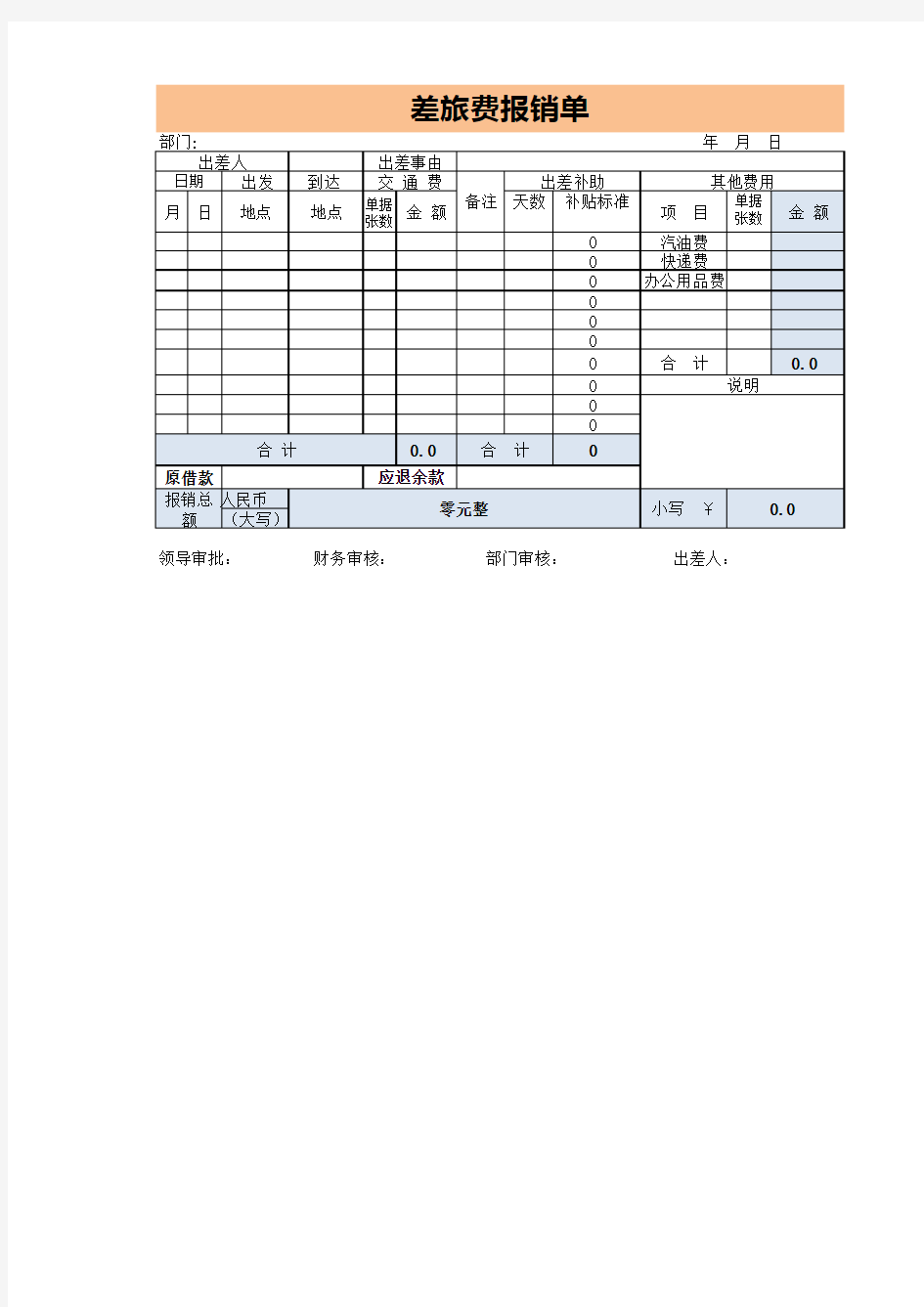 差旅费用报销单自动计算Excel模板