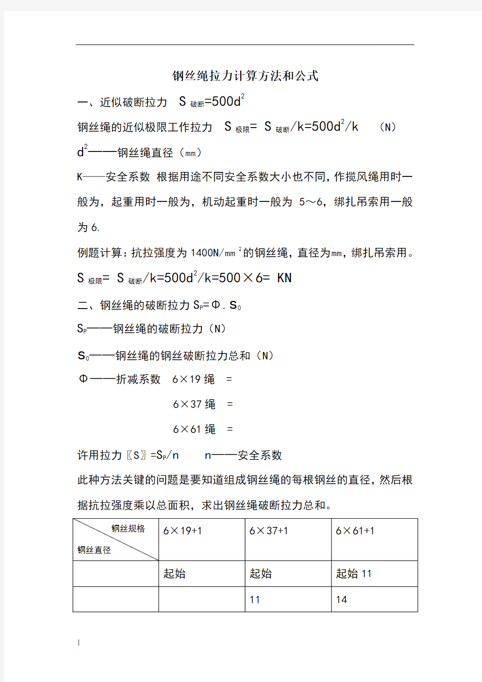 钢丝绳计算方法和公式