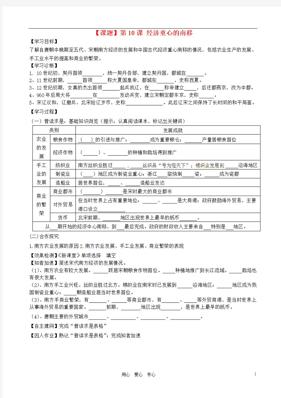 七年级历史下册 第10课 经济重心的南移学案(无答案) 人教新课标版