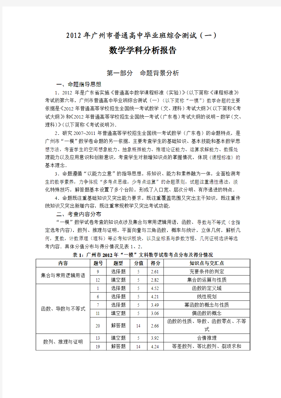 2012年广州市普通高中毕业班综合测试 数学学科分析报告