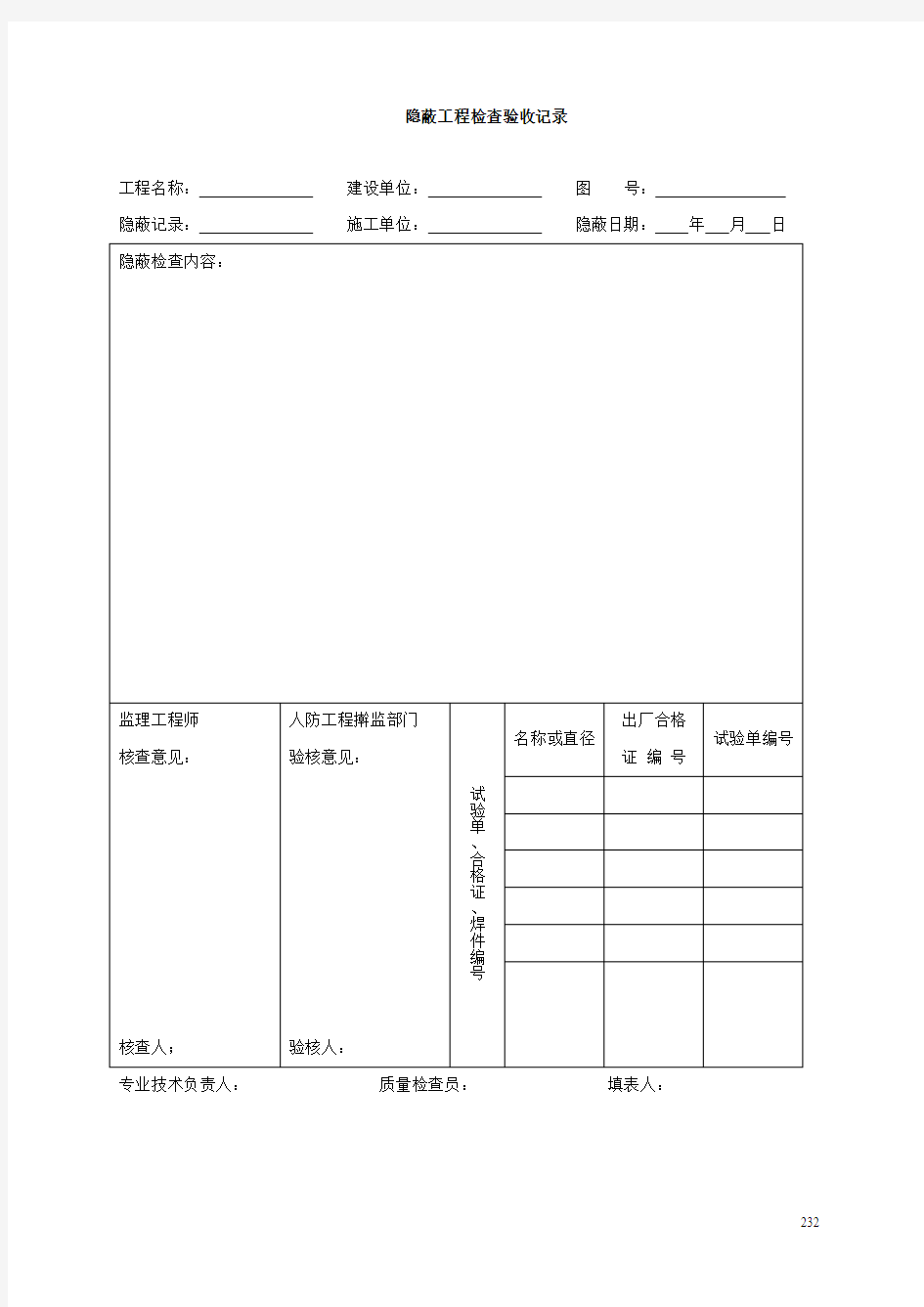 隐蔽工程检查验收记录表