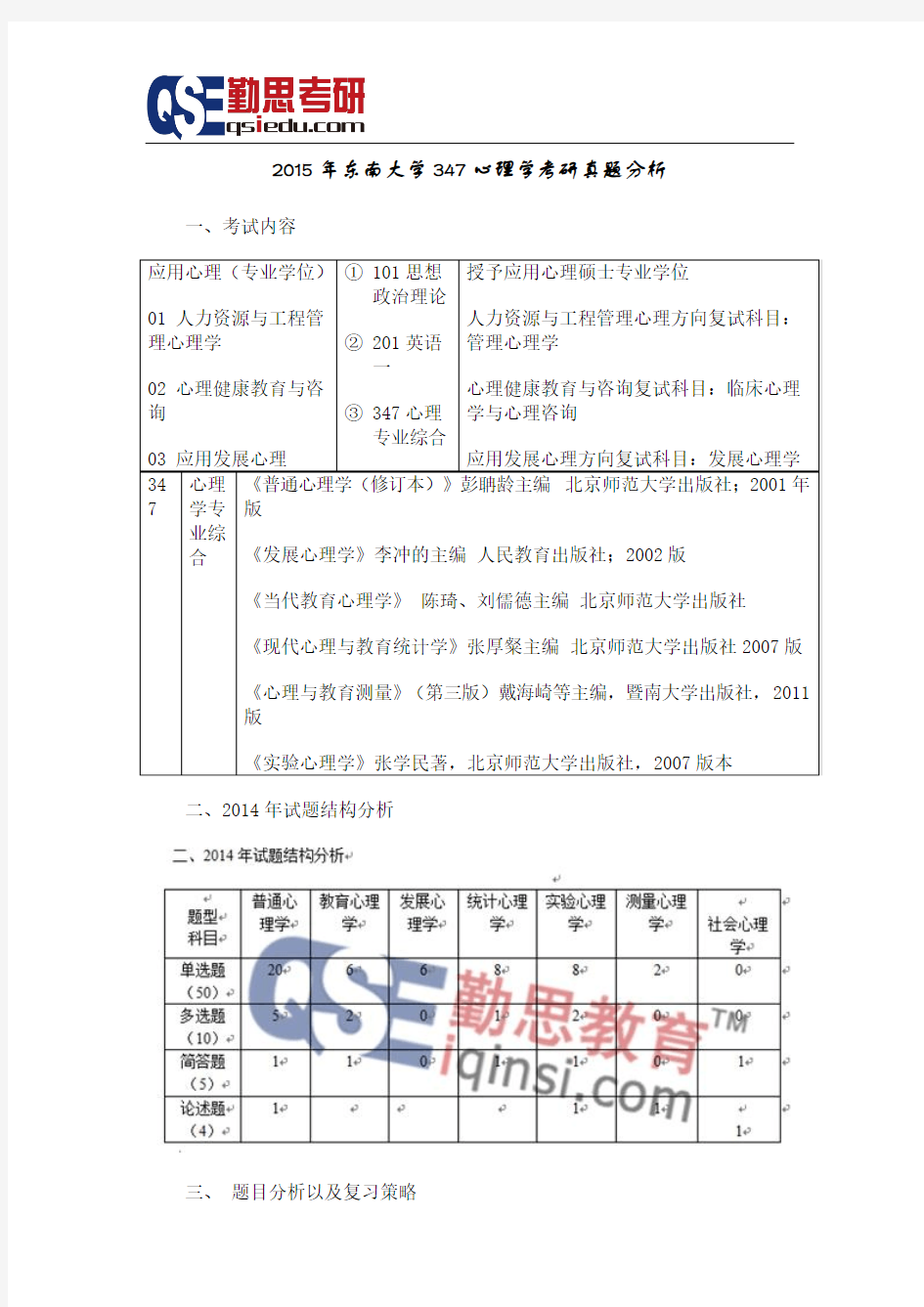 2015年东南大学347心理学考研真题分析