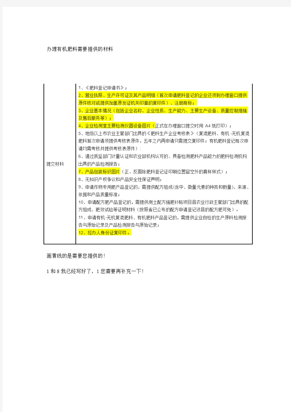 办理有机肥料需要提供的材料要求