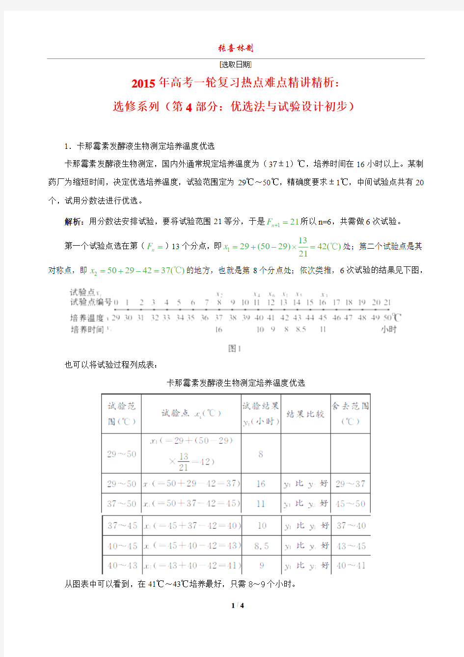 2015年高考数学一轮复习热点难点精讲精析：选修系列(第4部分：优选法与试验设计初步)