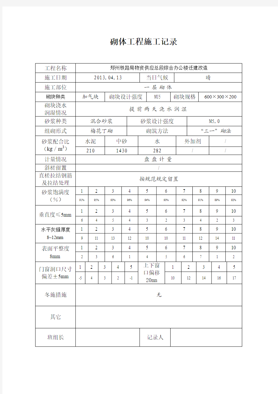 砌体工程施工记录