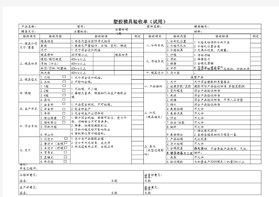 塑胶模具验收标准