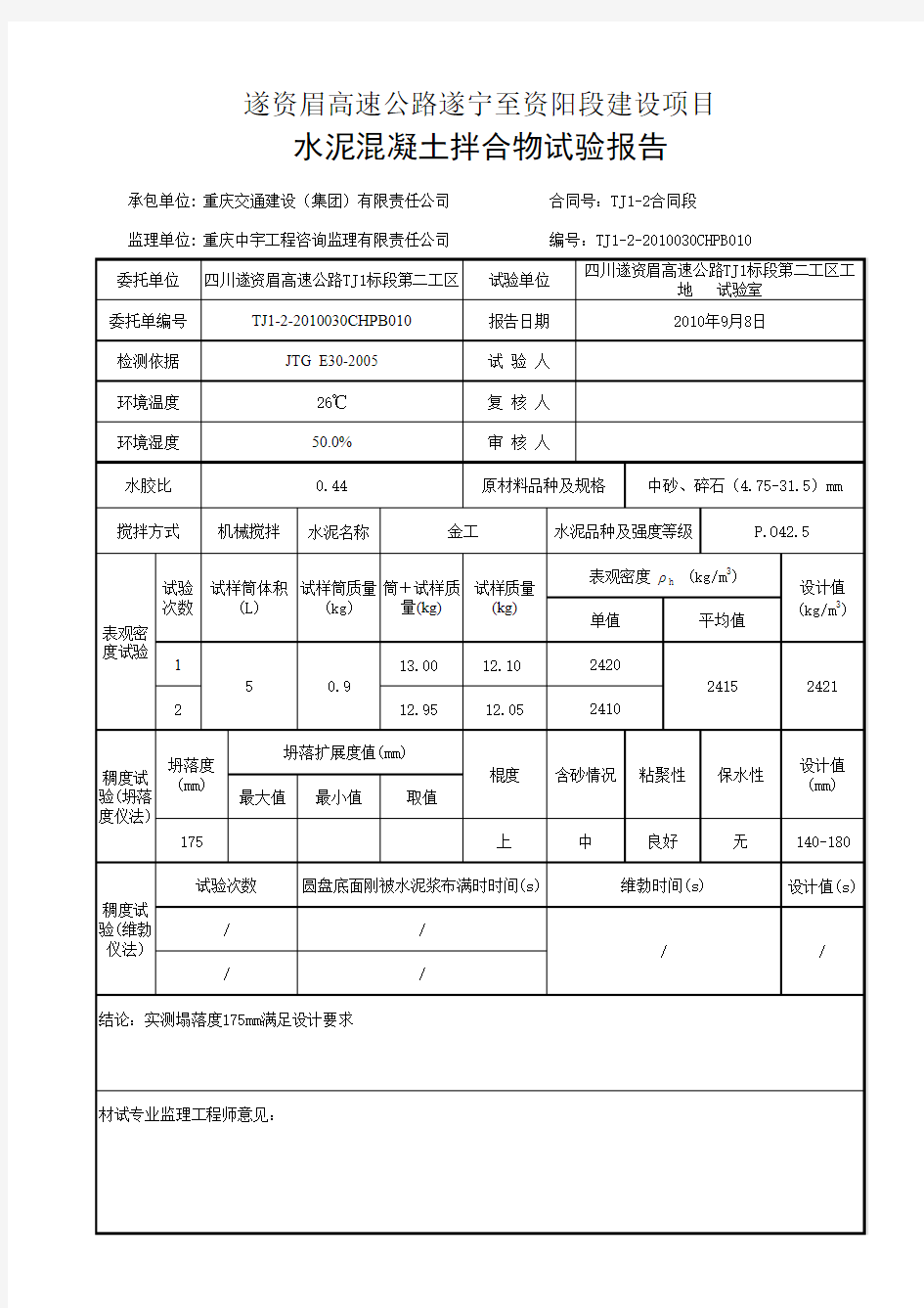 砼表观密度.坍落度试验报告010-3