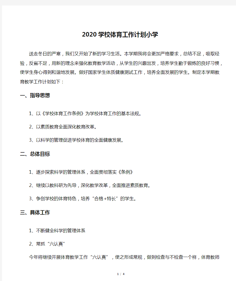 2020学校体育工作计划小学