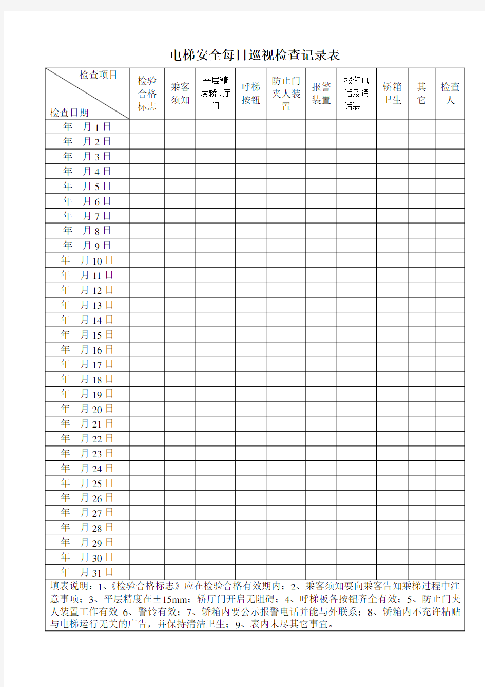 (完整版)电梯安全日常检查记录表