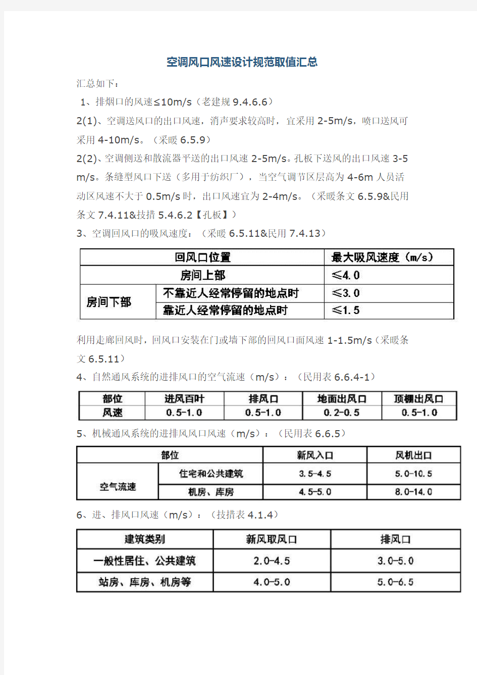 空调风口风速设计规范取值汇总