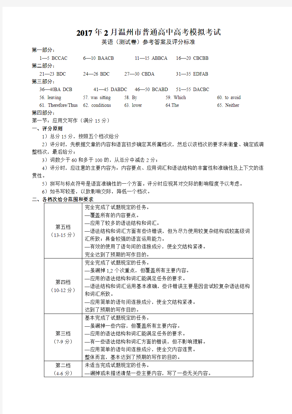 2017年2月温州高考模拟英语答案