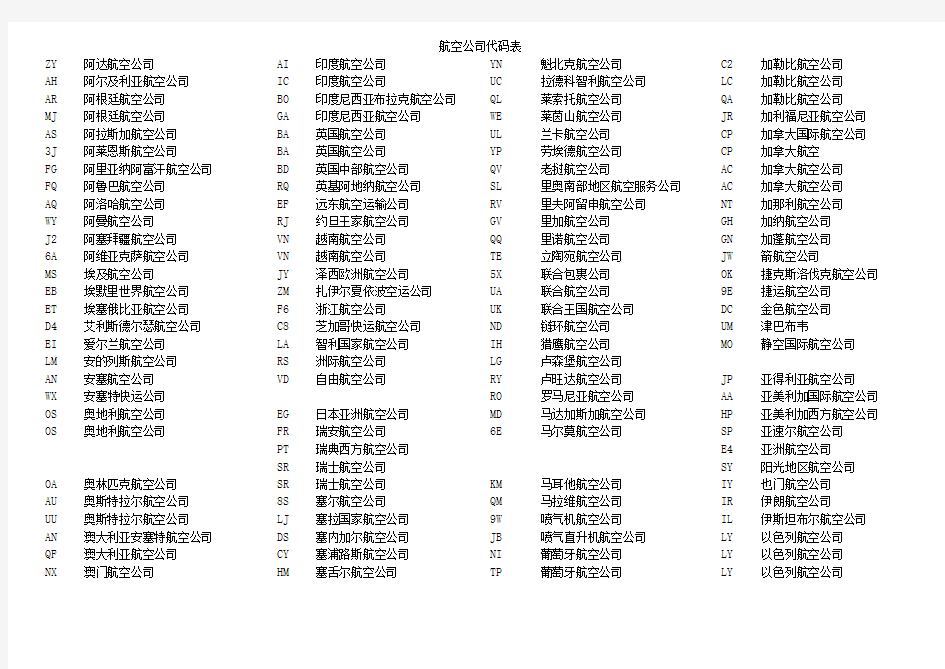 航空公司代码表