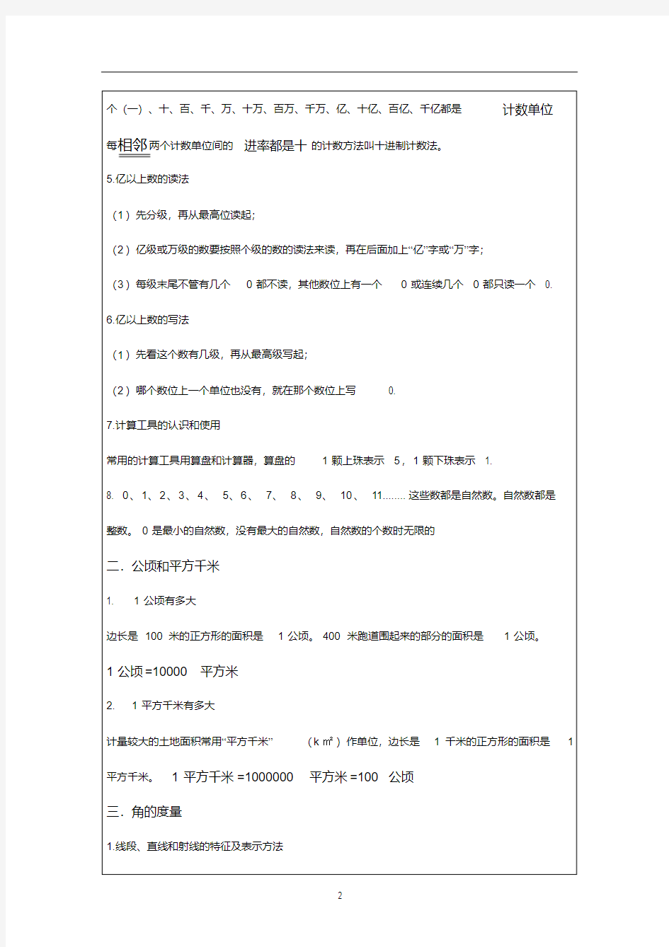 (完整版)四年级上册数学知识点归纳