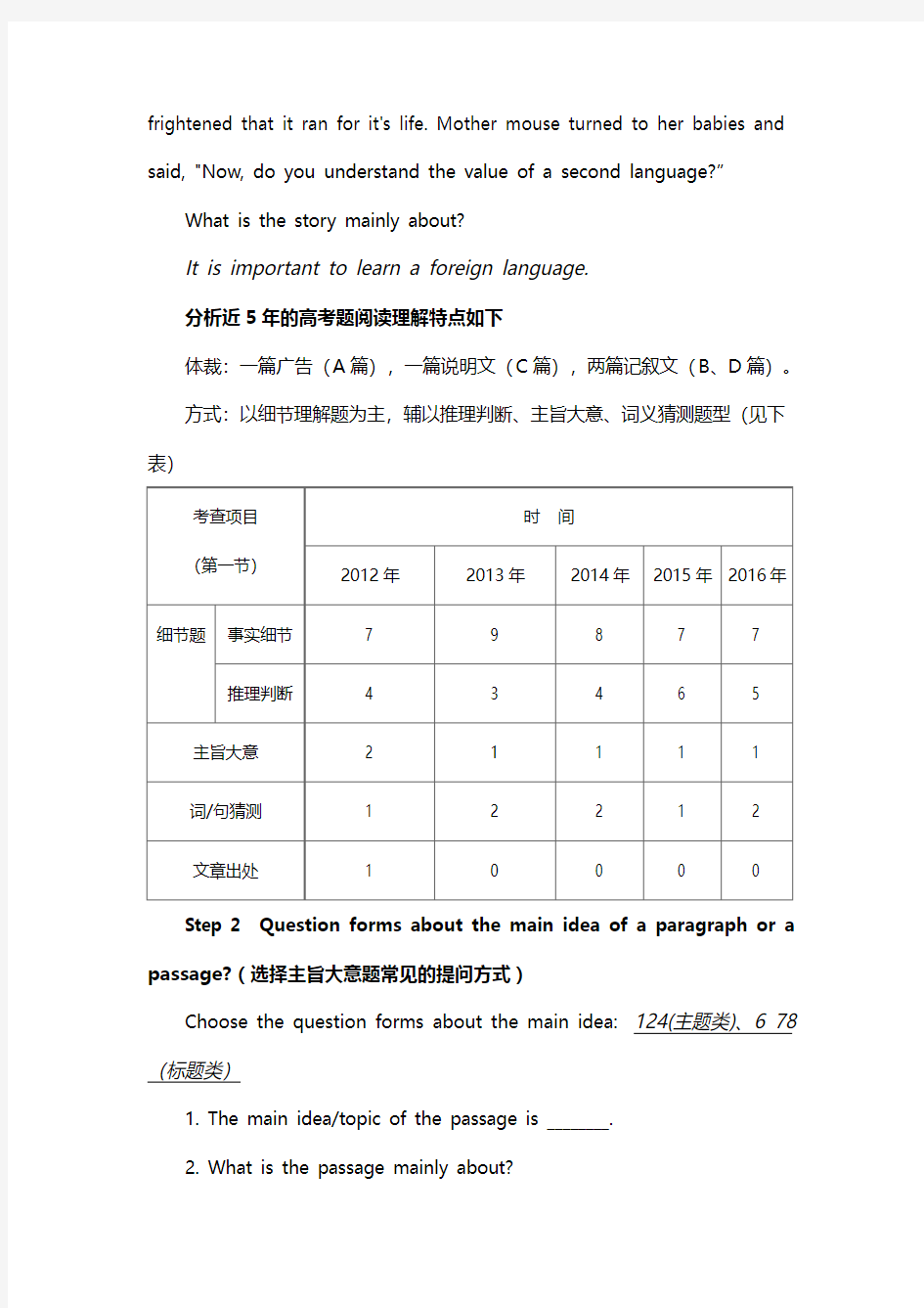 2018高考英语二轮专项复习：阅读理解之主旨大意题