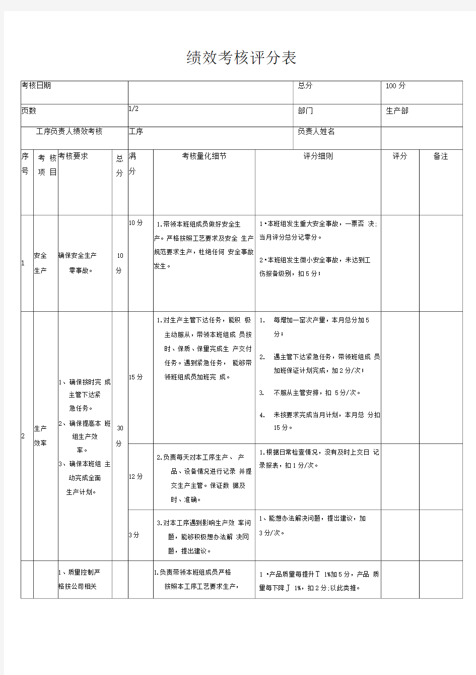 班组长绩效考核表