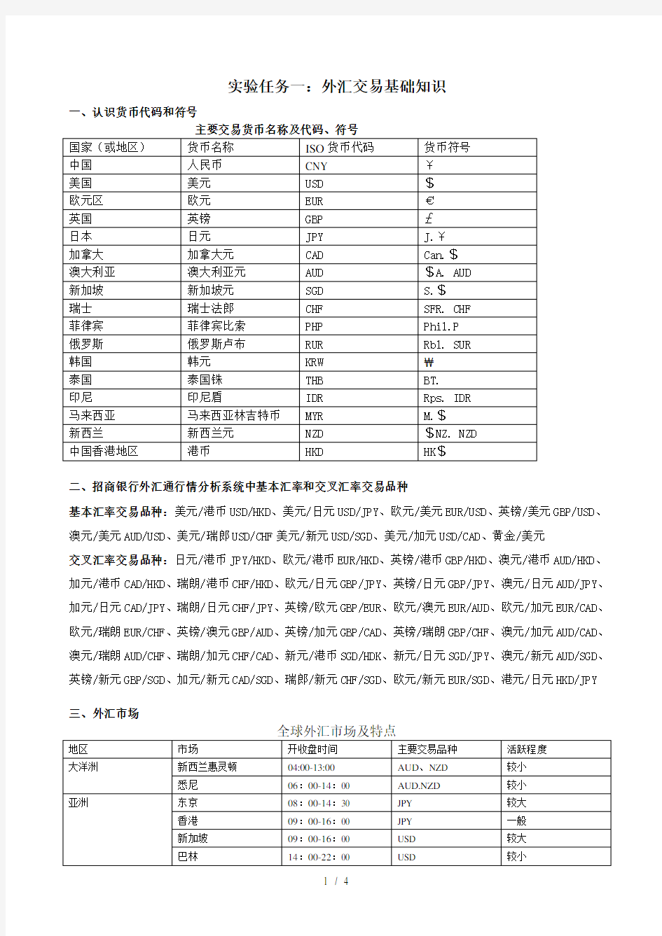 外汇交易实验任务