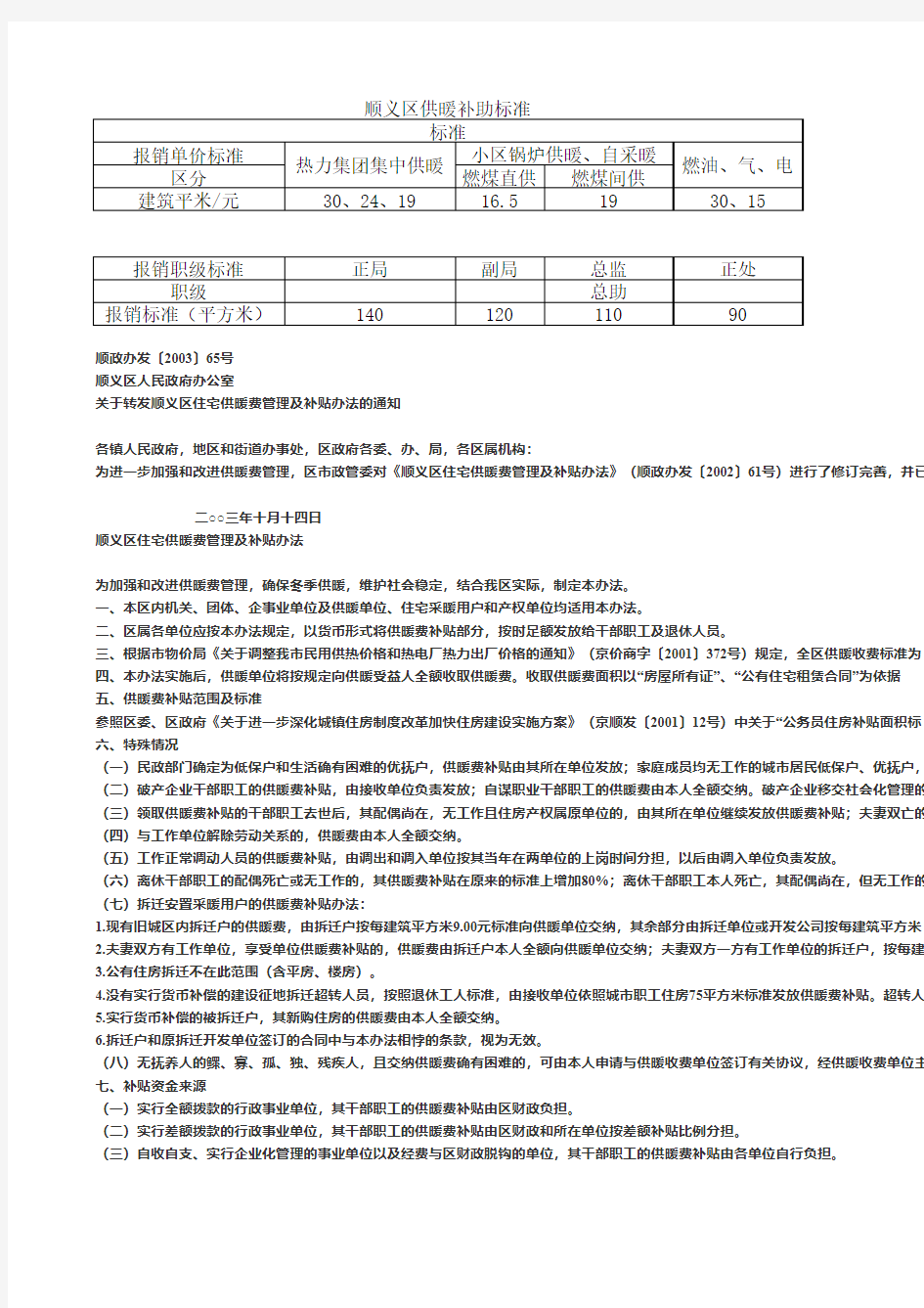 顺义区现行供暖补贴标准