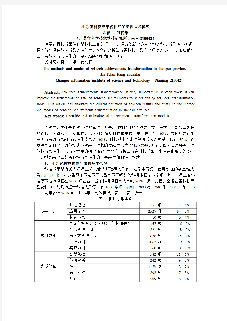 江苏省科技成果转化的主要现状及模式