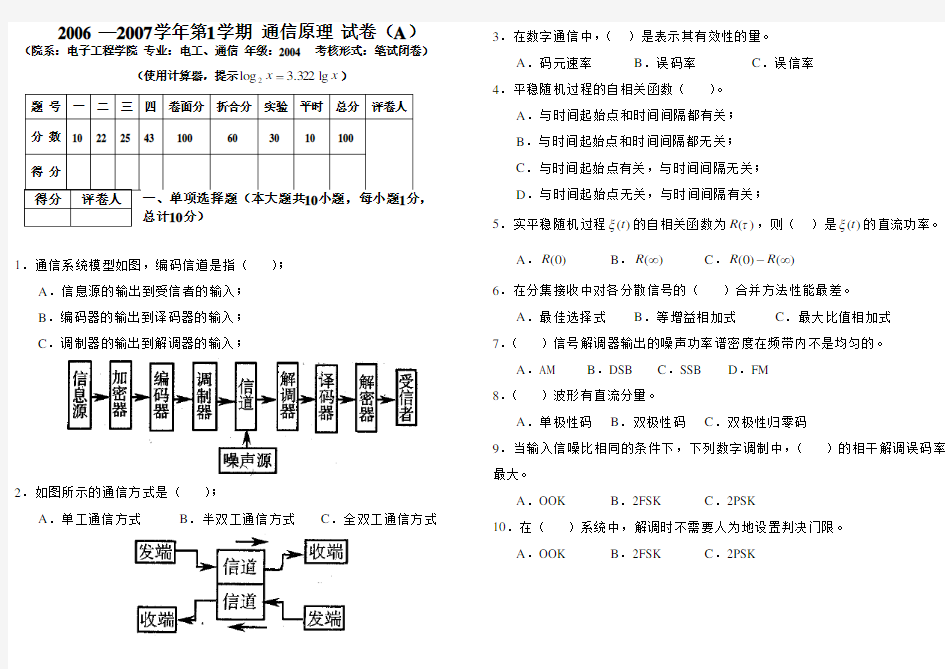 完整word版,通信原理期末试题及答案,推荐文档