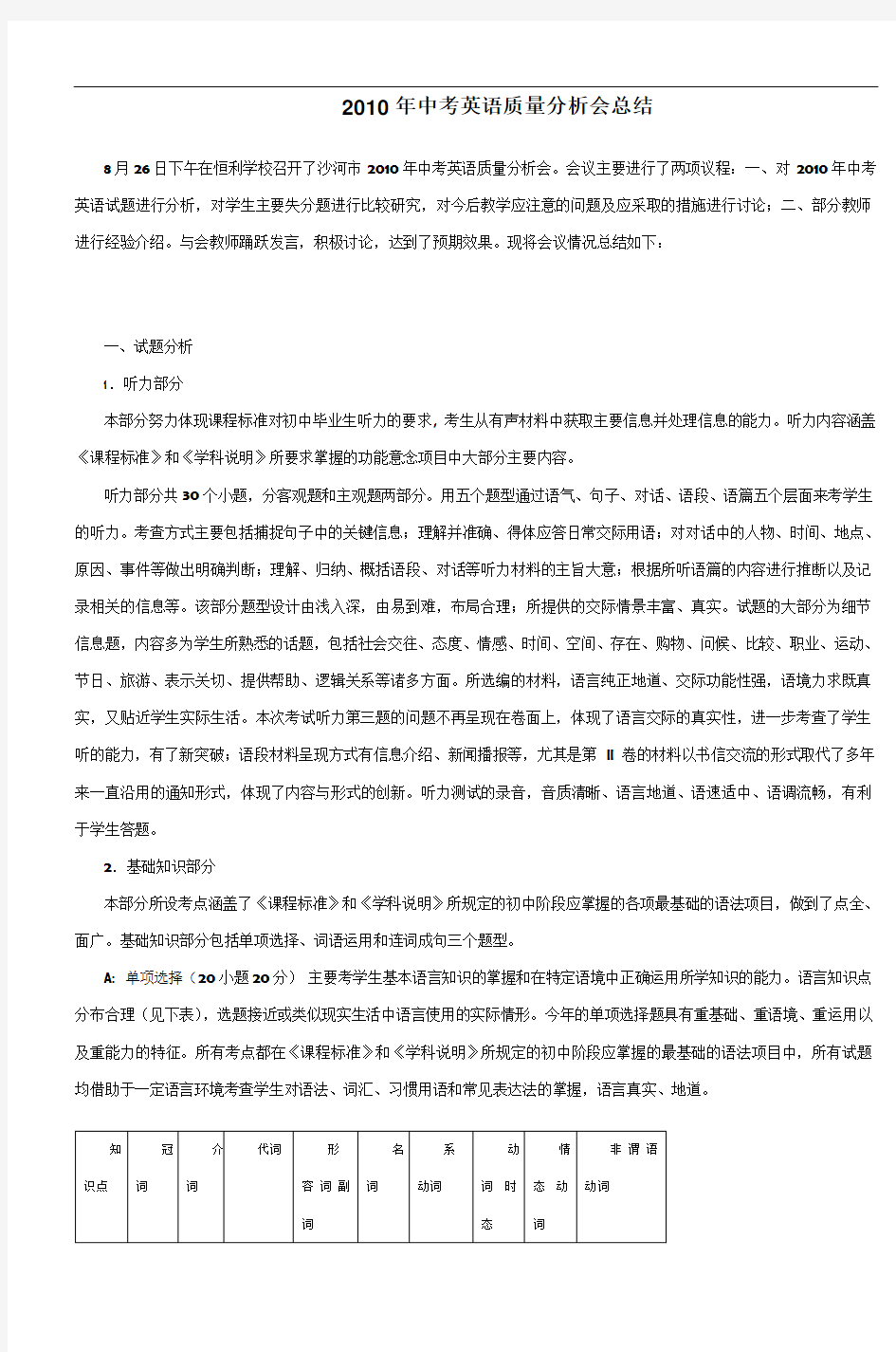 2010年中考英语质量分析会总结