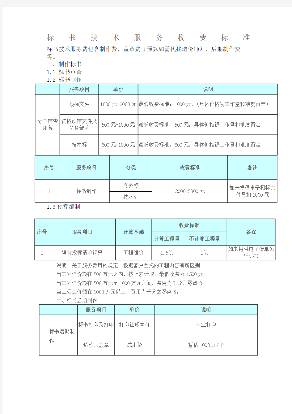 标书服务收费标准