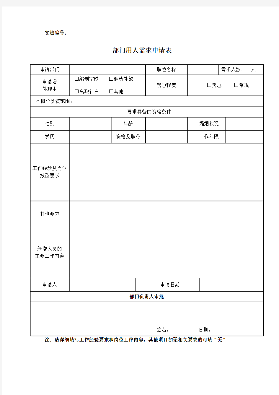 部门用人需求申请表