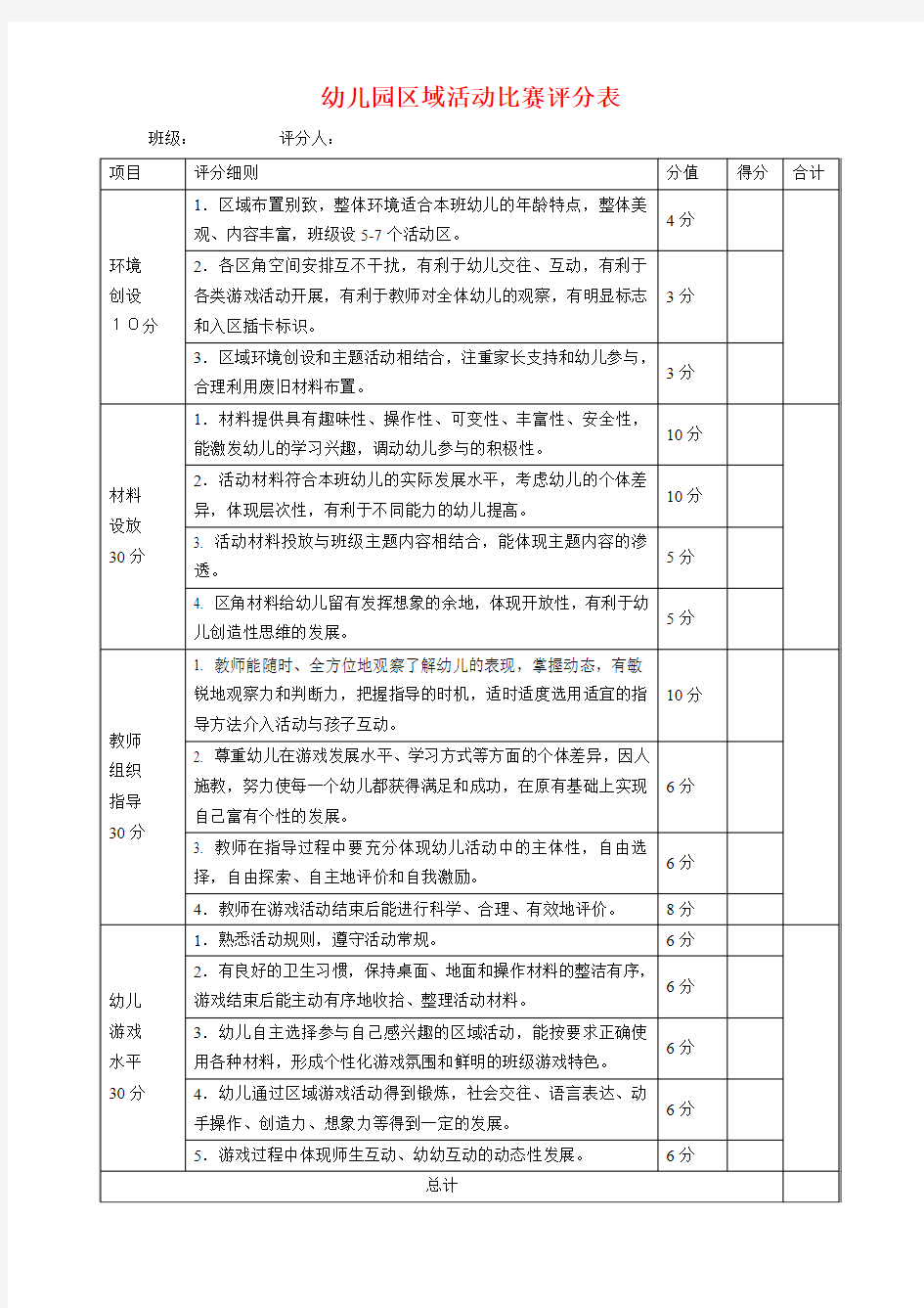 幼儿园区域评比打分表图片