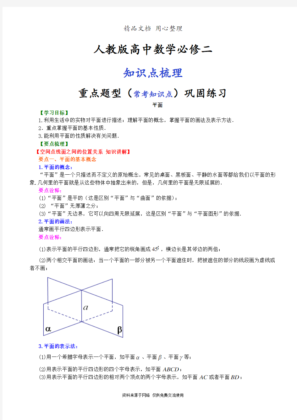 人教版高中数学【必修二】[知识点整理及重点题型梳理]_平面_基础