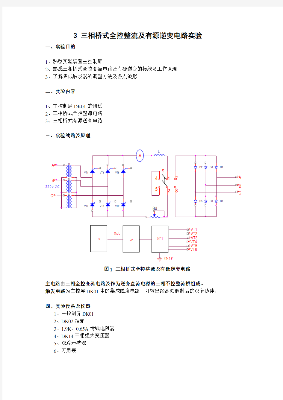 三相桥式全控整流及有源逆变电路实验