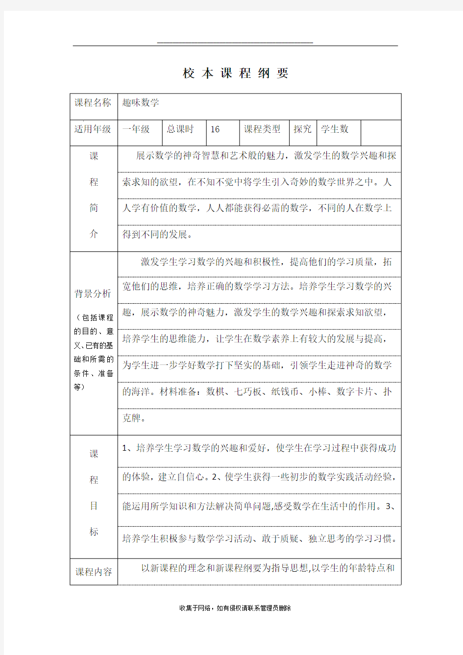 最新小学数学校本课程简介