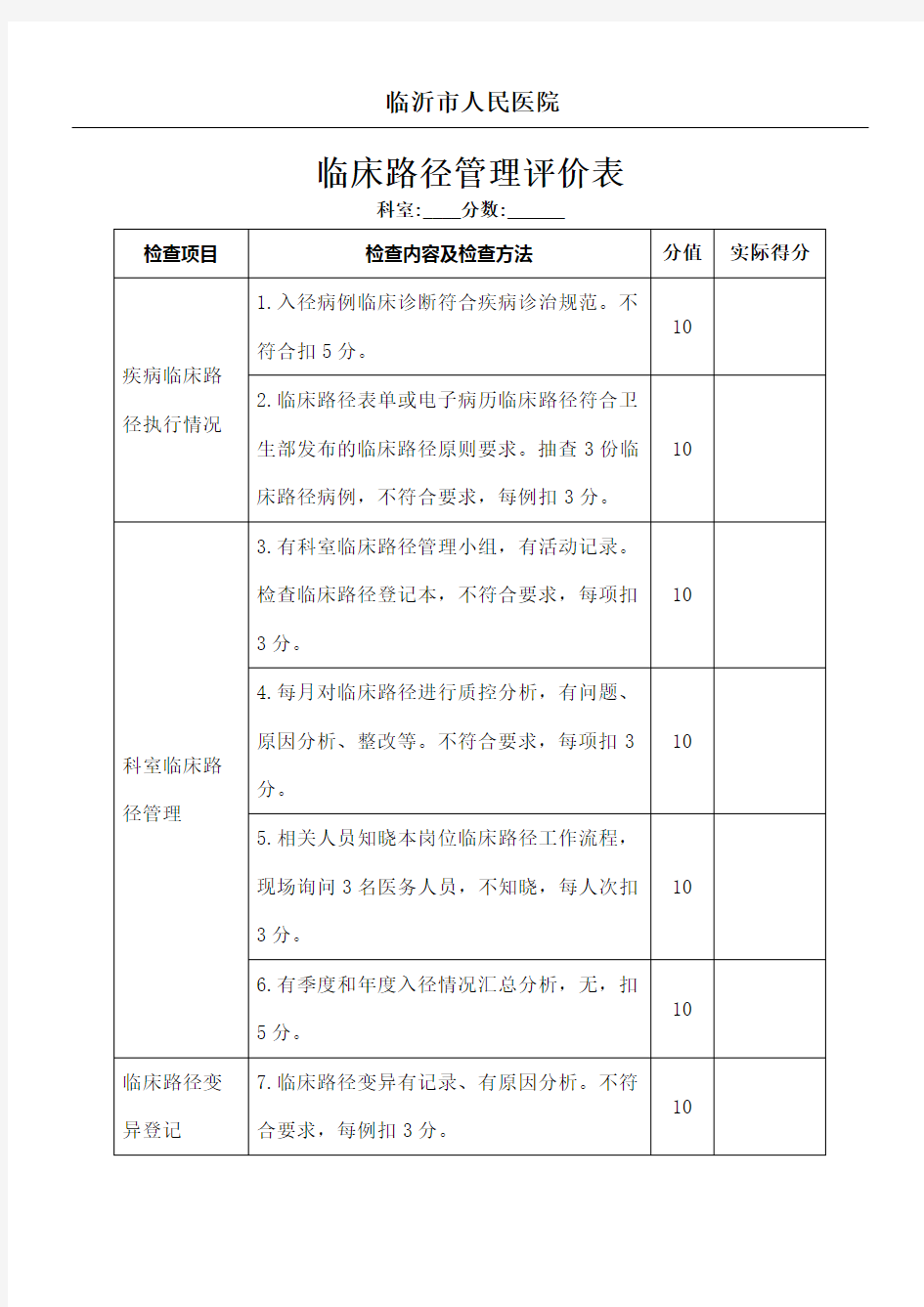 临床路径检查表