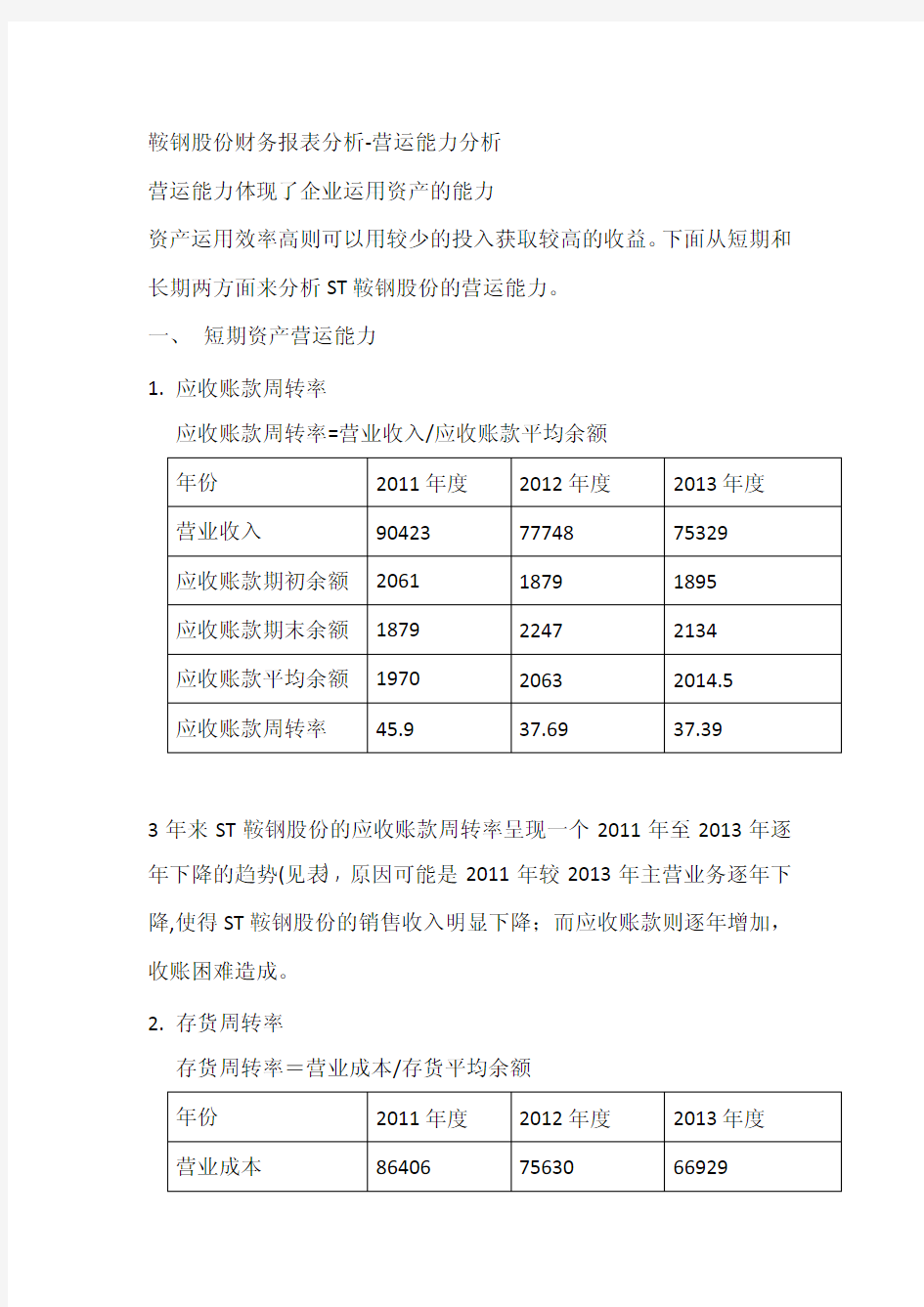 作业二鞍钢营运能力分析