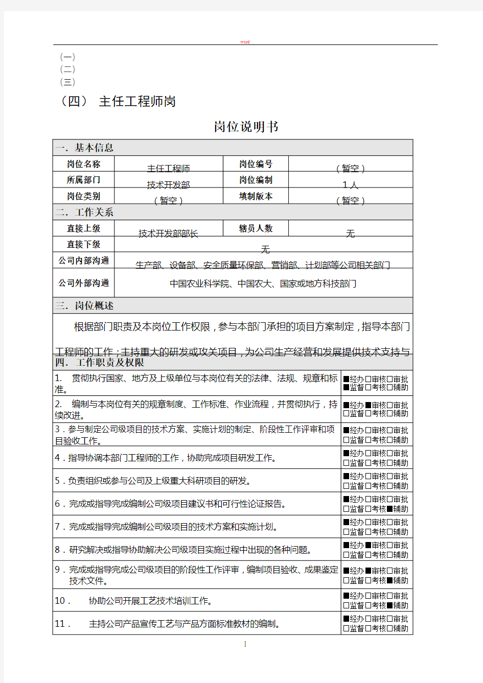 技术开发部-主任工程师(岗位说明书)